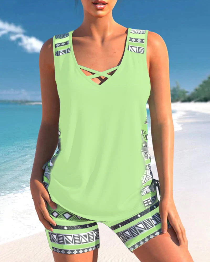 TALIA | Tankini met een geometrisch patroon en V-hals