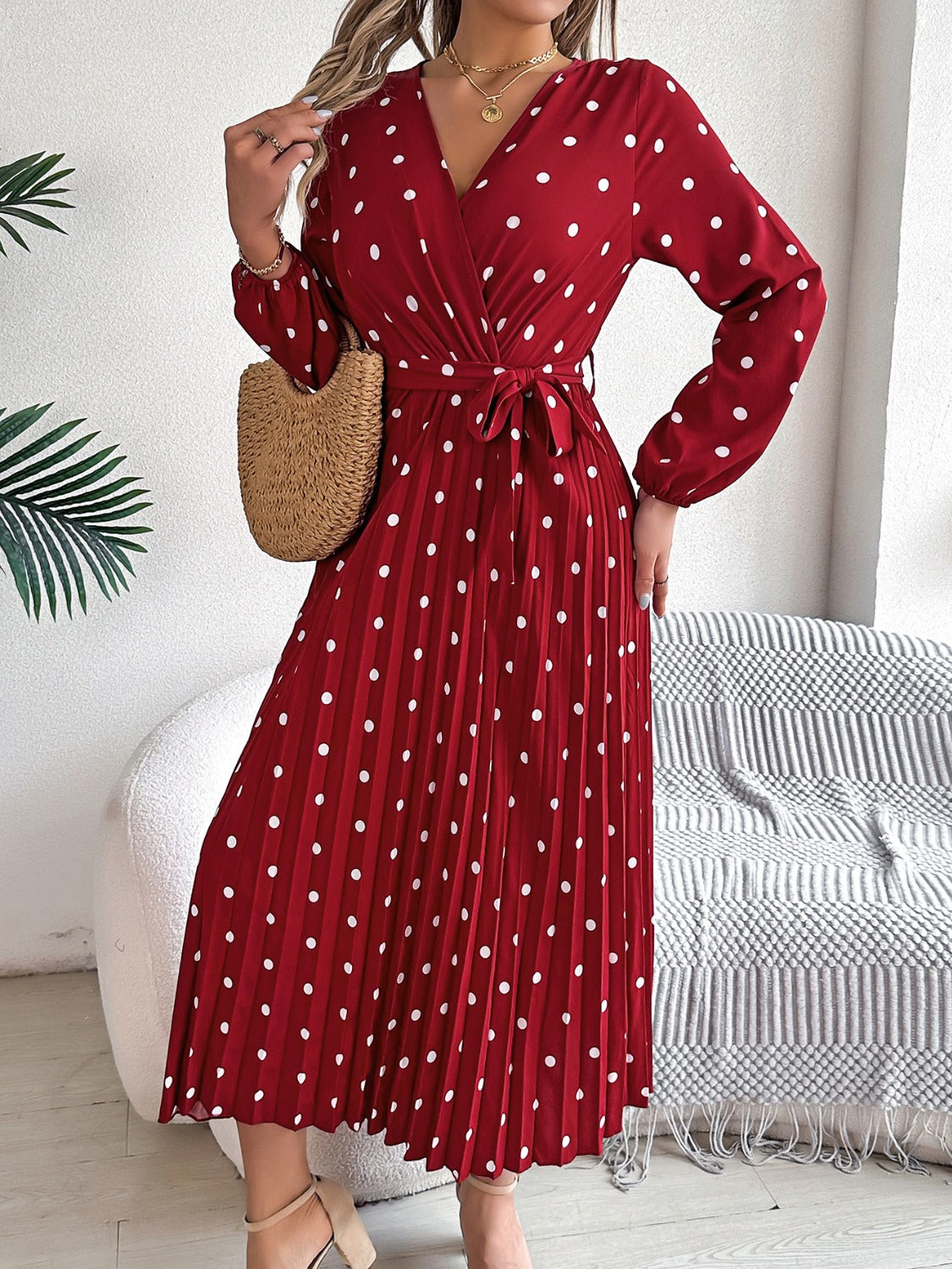 PERLA | Gestrikte polka dot midi-jurk met lange mouwen