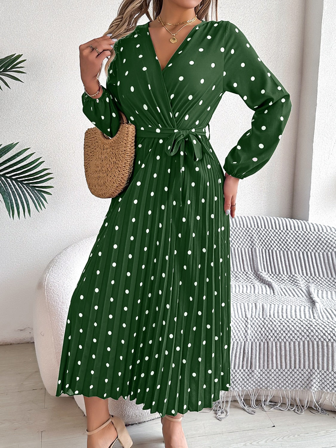 PERLA | Gestrikte polka dot midi-jurk met lange mouwen