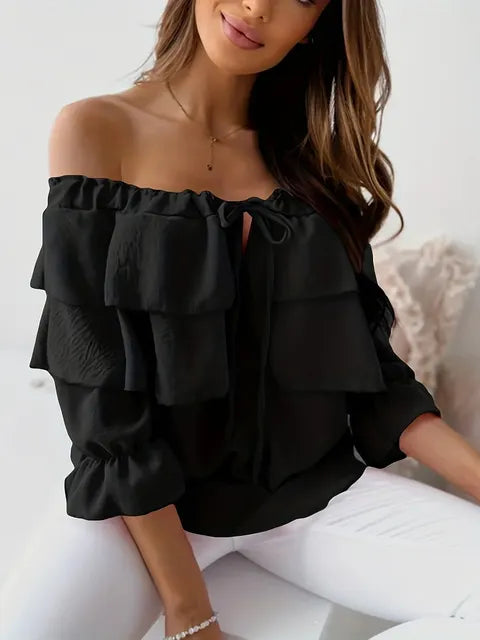 HONEY | Off-shoulder chiffon damesblouse met ruches