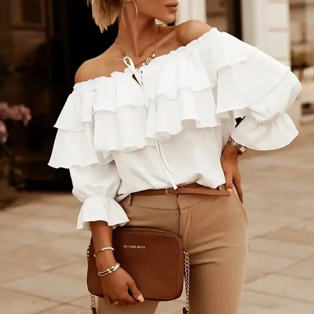 HONEY | Off-shoulder chiffon damesblouse met ruches