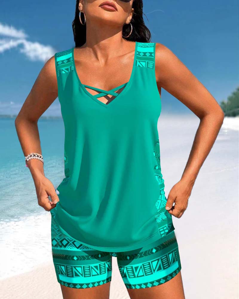 TALIA | Tankini met een geometrisch patroon en V-hals