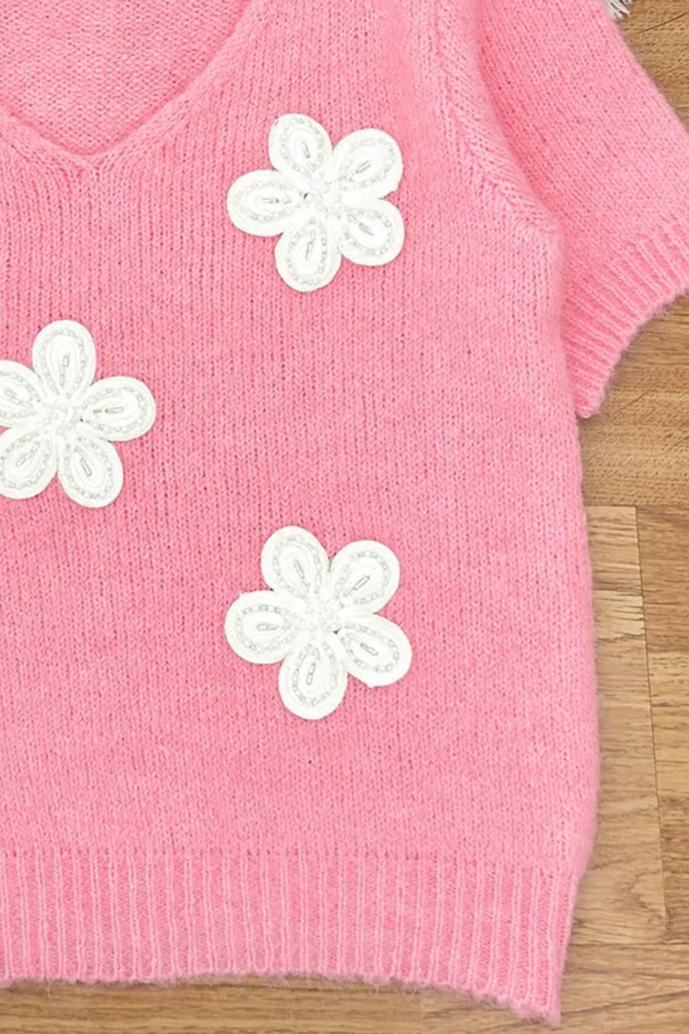 ELENA | Sweater met bloemen V-hals en korte mouwen