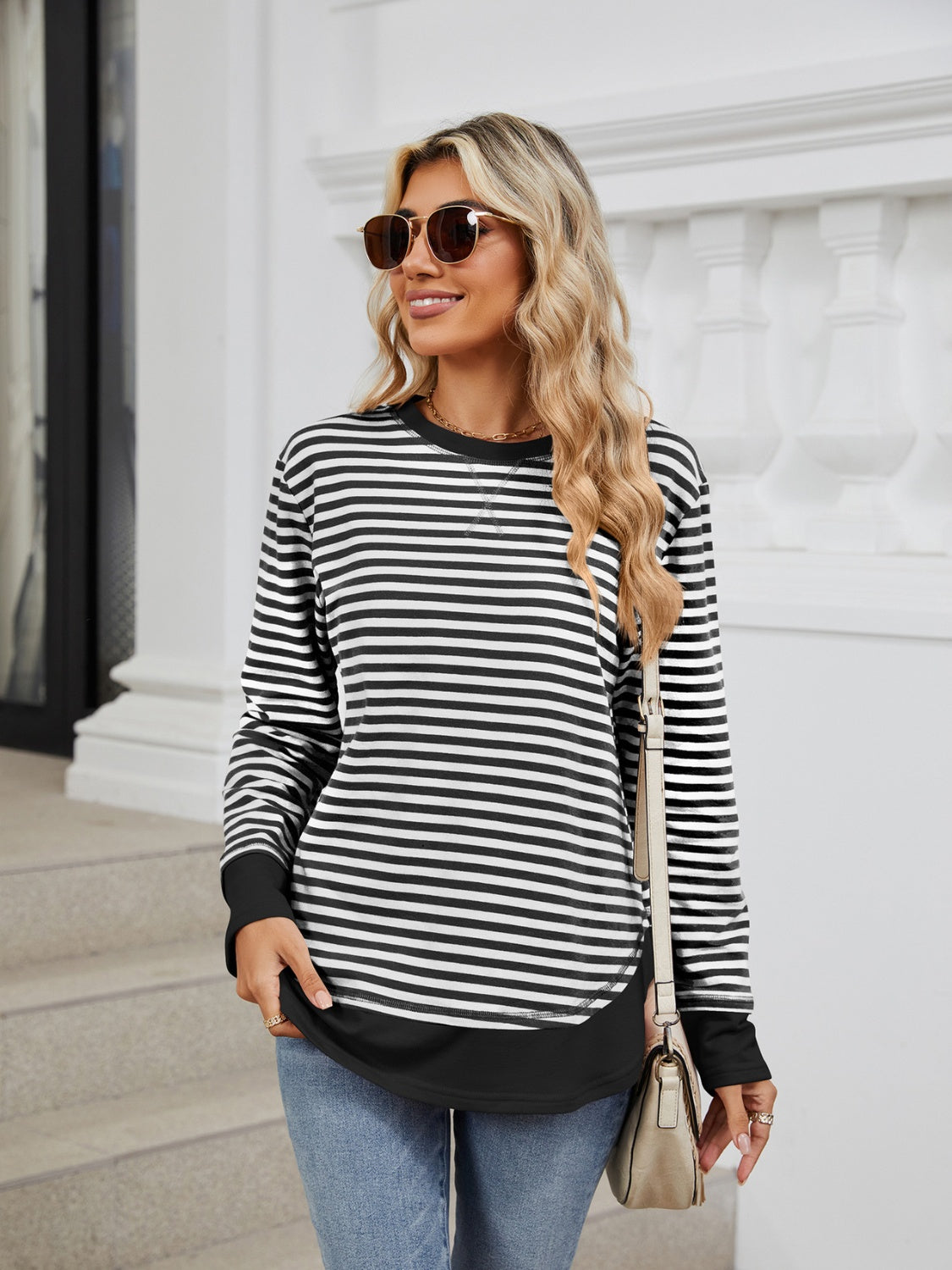 IESHA | Gestreept Ronde Hals Lang Sweatshirt