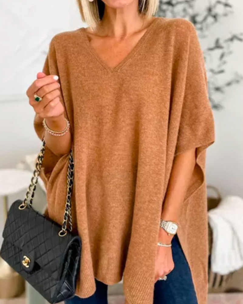 Adeline - Effen Poncho Sweater met V-hals en losse pasvorm