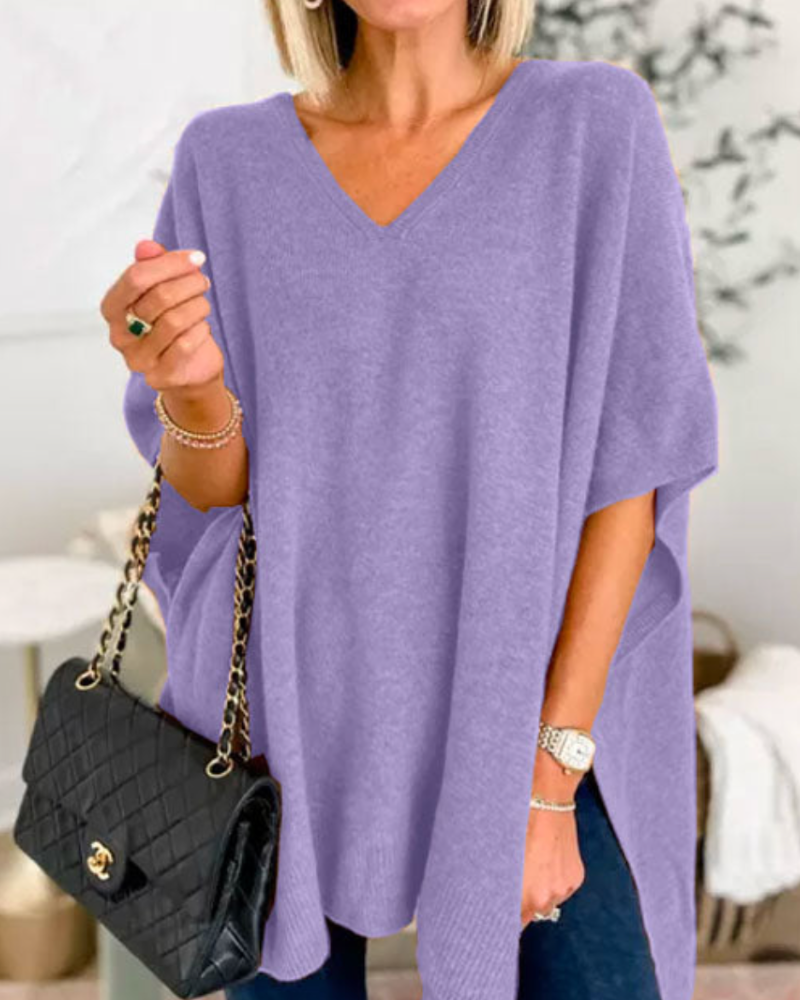 Adeline - Effen Poncho Sweater met V-hals en losse pasvorm