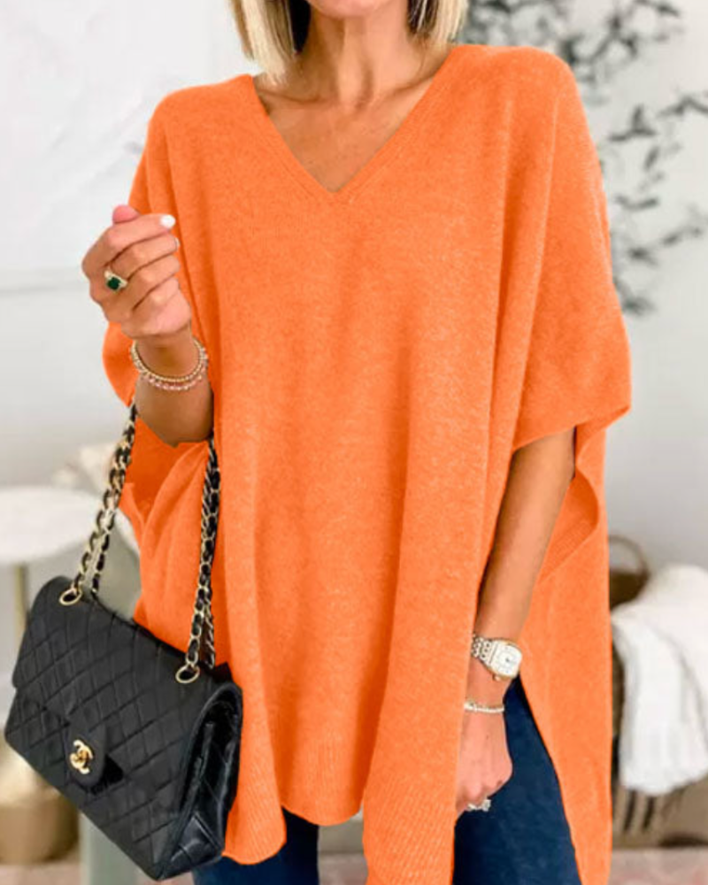 Adeline - Effen Poncho Sweater met V-hals en losse pasvorm