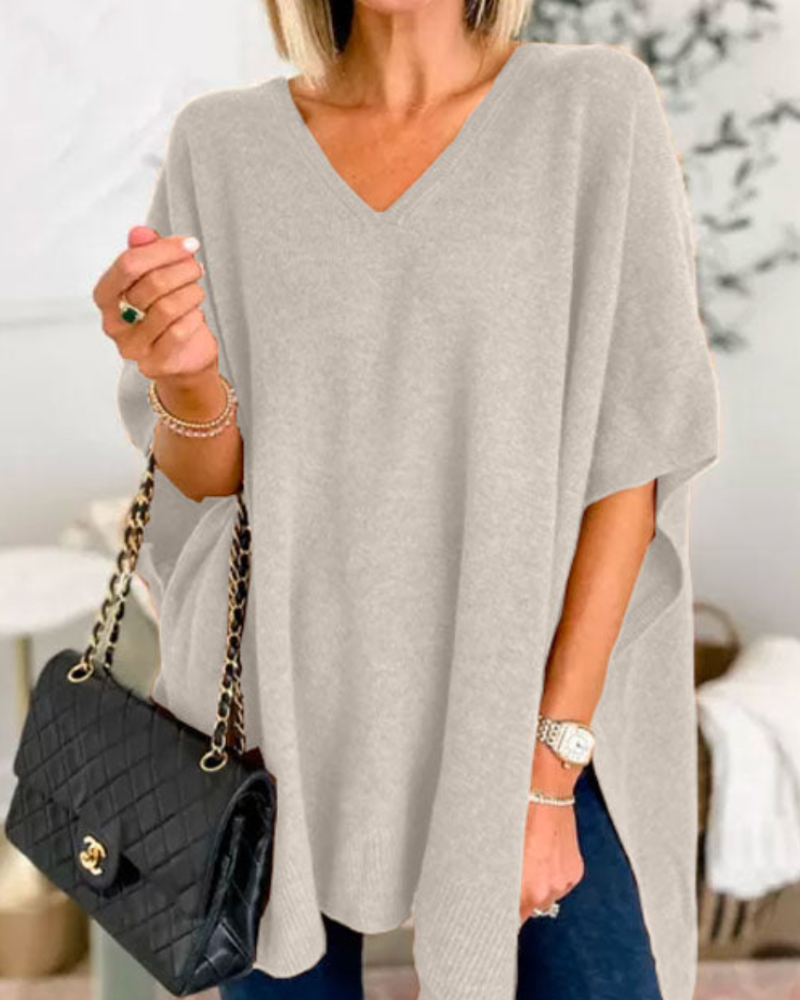 Adeline - Effen Poncho Sweater met V-hals en losse pasvorm