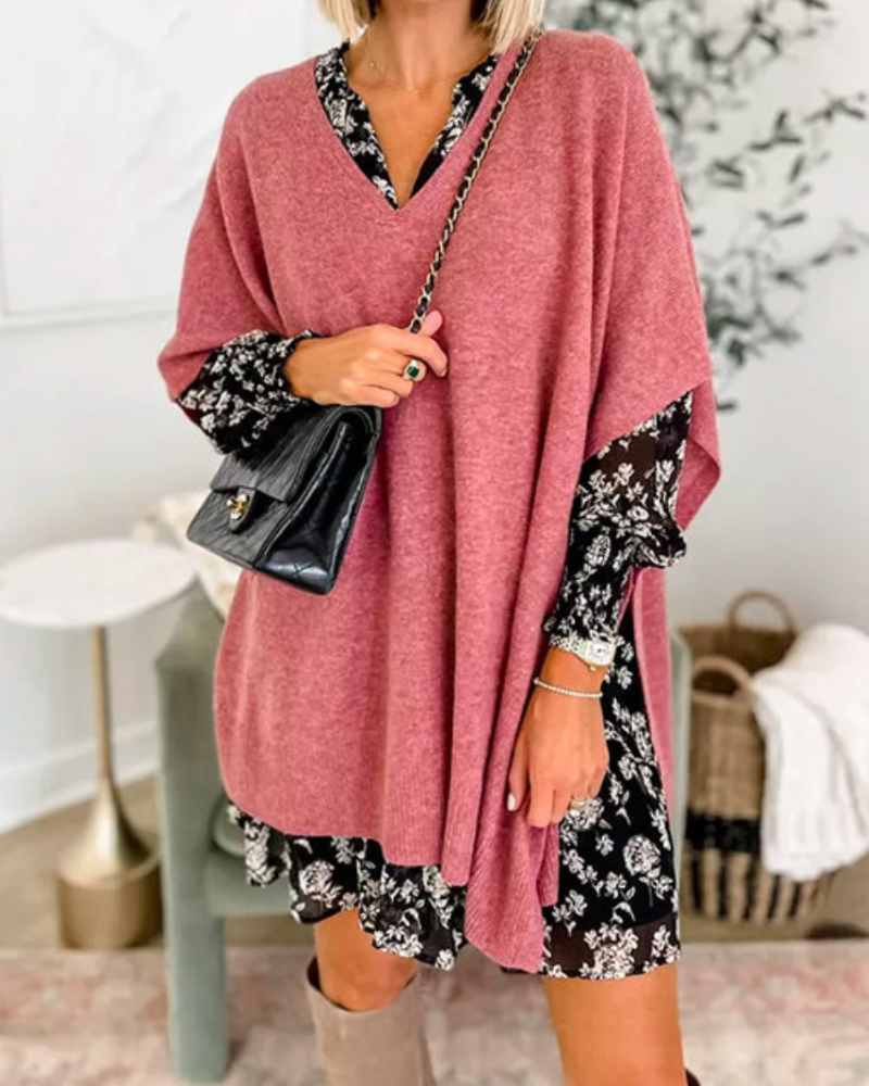 Adeline - Effen Poncho Sweater met V-hals en losse pasvorm