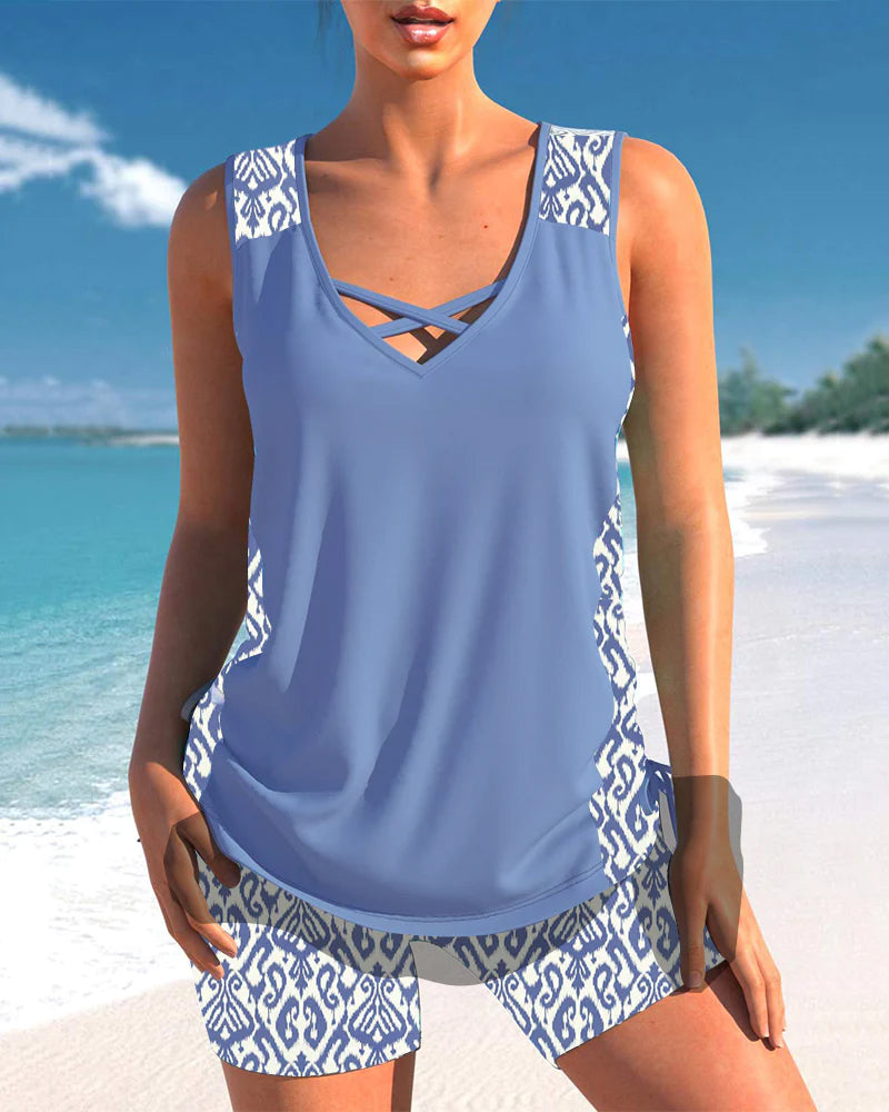 TALIA | Tankini met een geometrisch patroon en V-hals