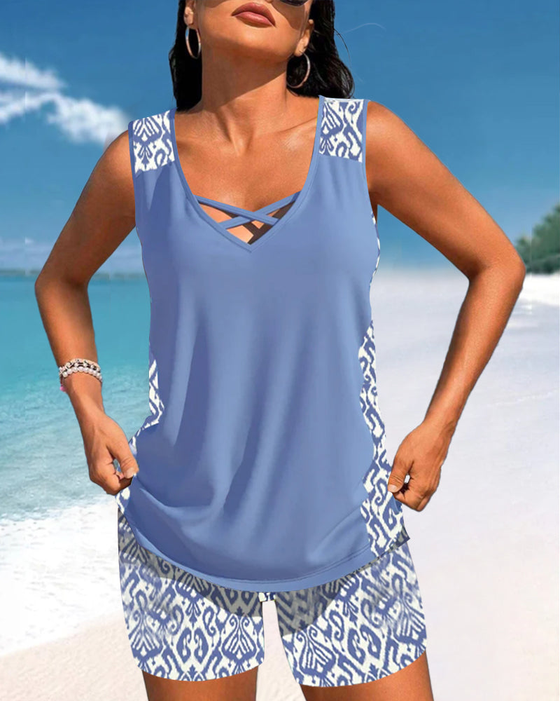 TALIA | Tankini met een geometrisch patroon en V-hals