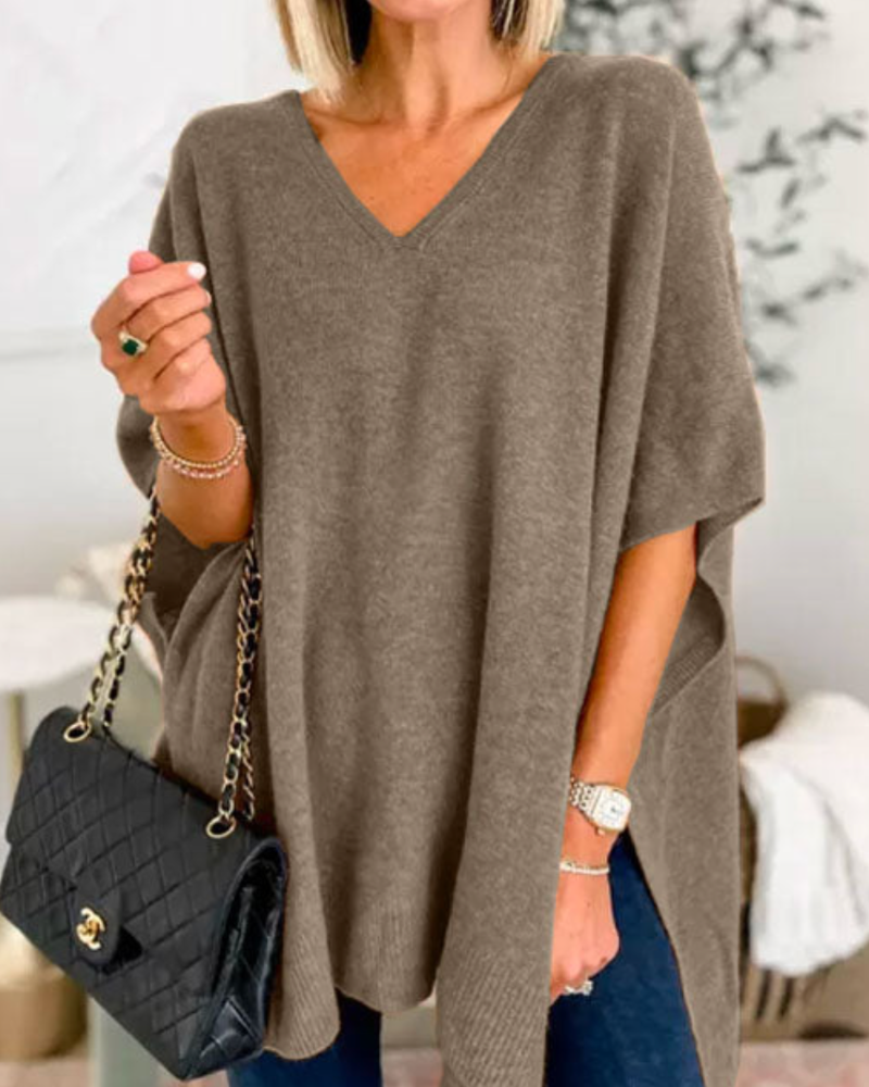 Adeline - Effen Poncho Sweater met V-hals en losse pasvorm