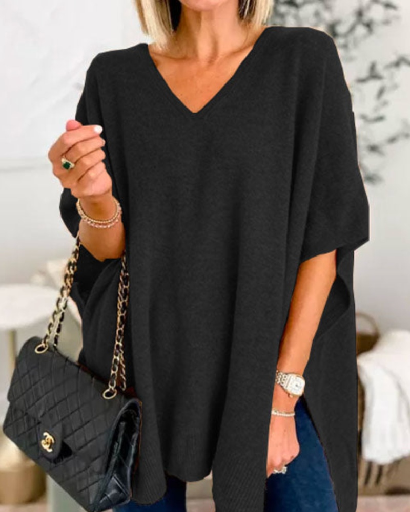 Adeline - Effen Poncho Sweater met V-hals en losse pasvorm