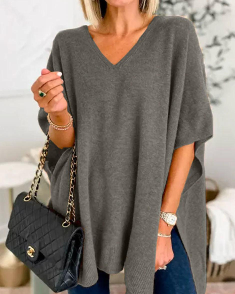 Adeline - Effen Poncho Sweater met V-hals en losse pasvorm