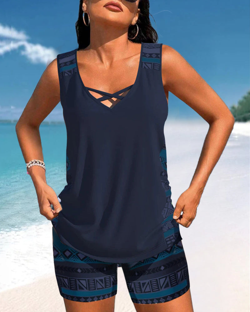 TALIA | Tankini met een geometrisch patroon en V-hals