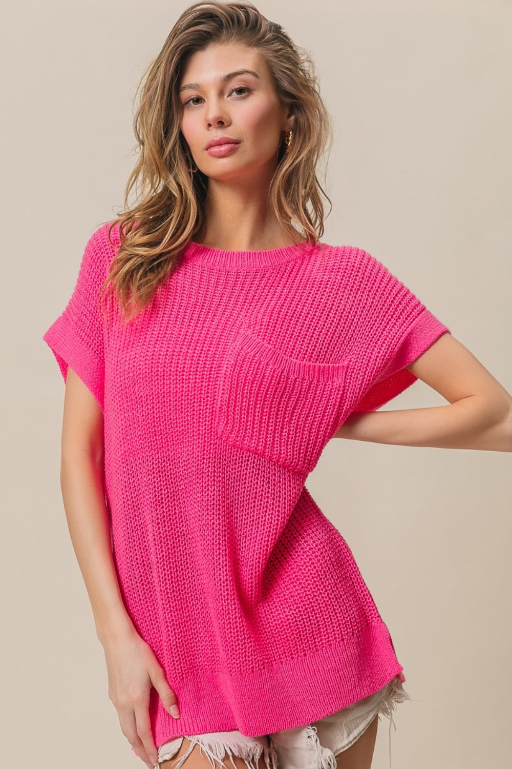 ULYSSA | Sweater met korte mouwen en patchzakken