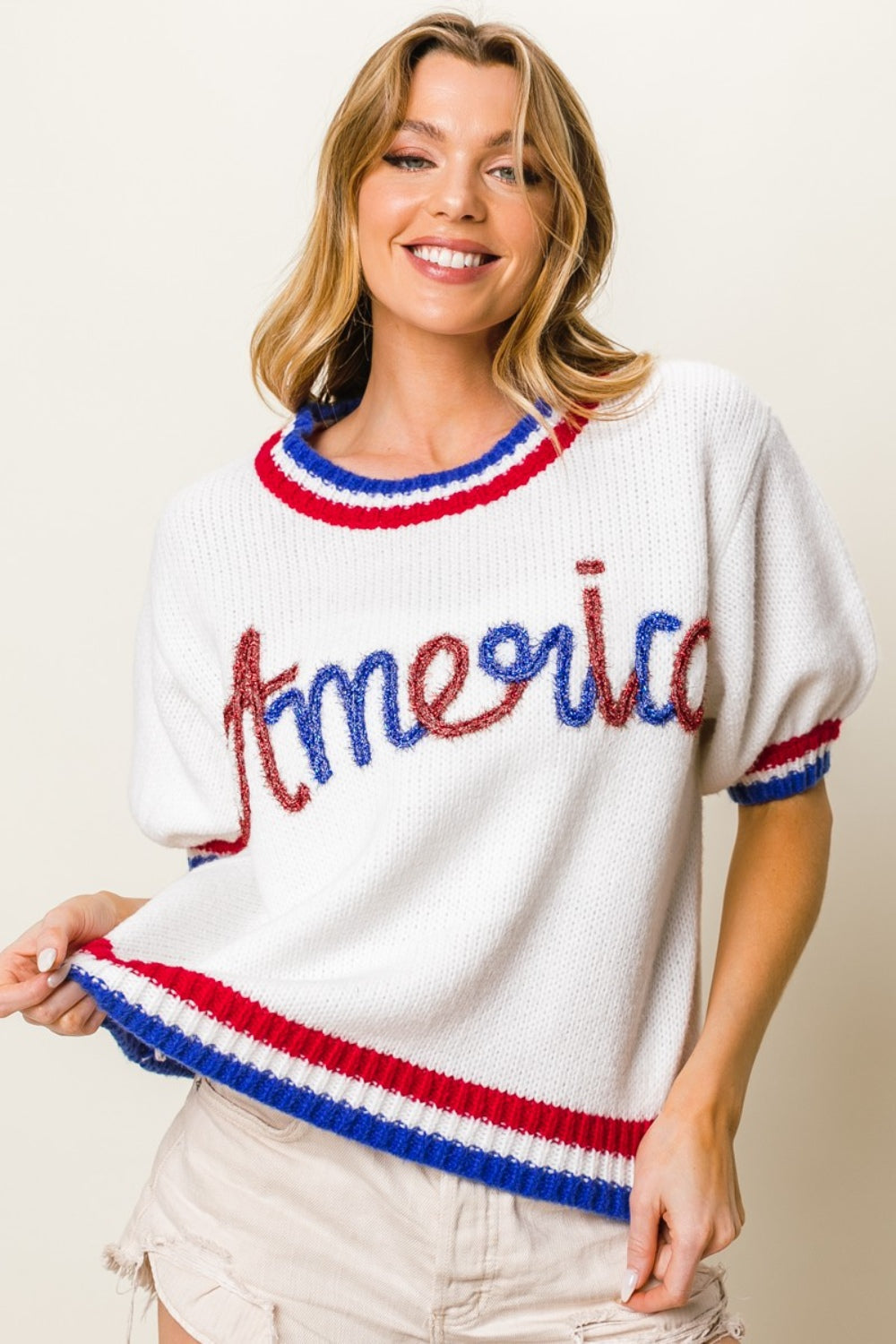 RILEY | Metallic Amerika Letter Korte Mouw Sweater