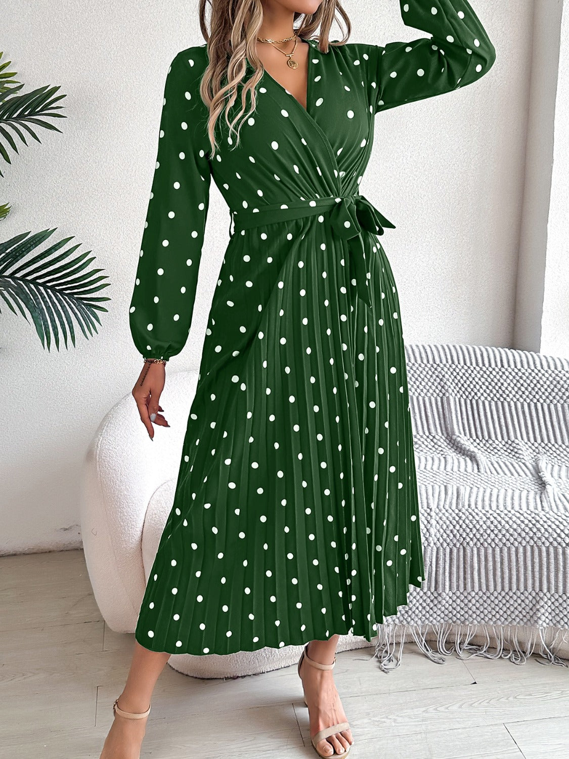 PERLA | Gestrikte polka dot midi-jurk met lange mouwen