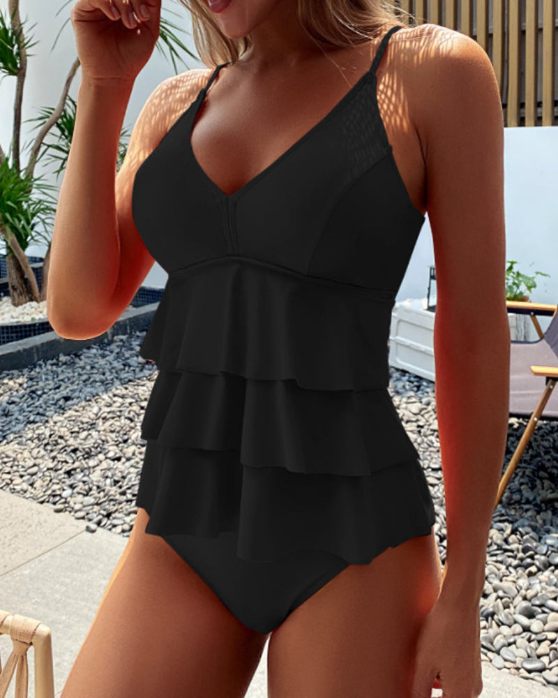 YESHA | Tankini met gesplitste stijl en ruches in effen kleur