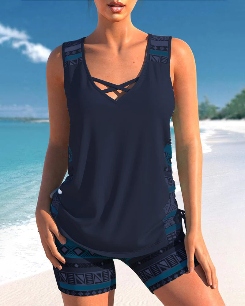 TALIA | Tankini met een geometrisch patroon en V-hals