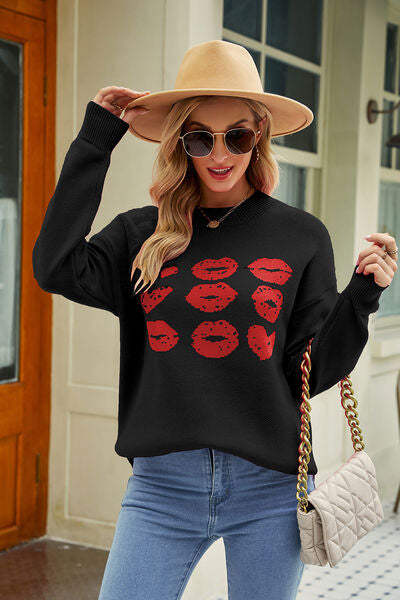 FRANCENE | Sweater met ronde hals en split in contrast lippatroon