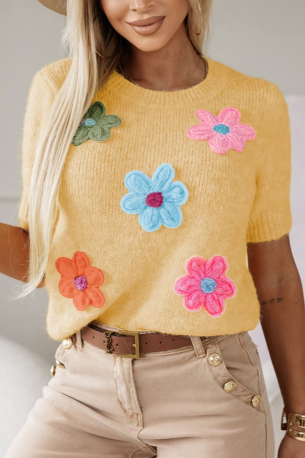 ELLIE | Bloemen Ronde Hals Korte Mouw Sweater