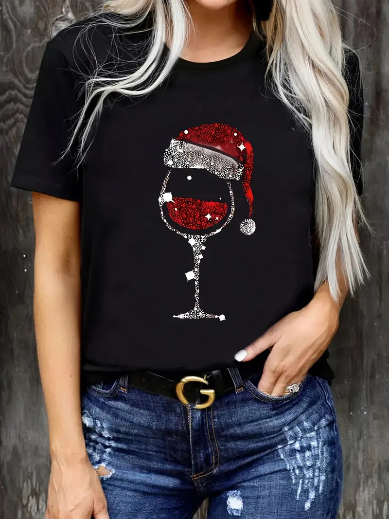 Kerst Shirt met Wijnglas en Kerstmuts