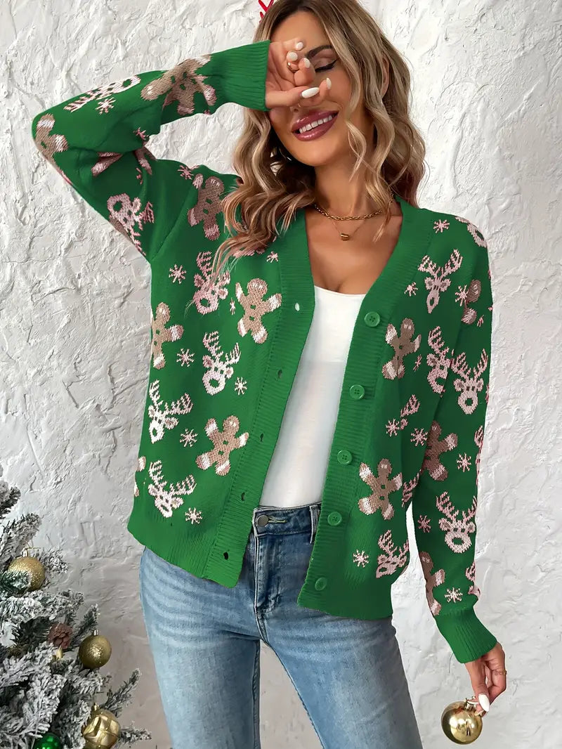 Kerst sweater met knopen en kerstprint