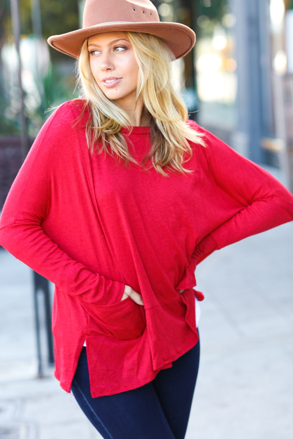 KAYLA | Rode Hacci Dolman Sweater Top met Zakken