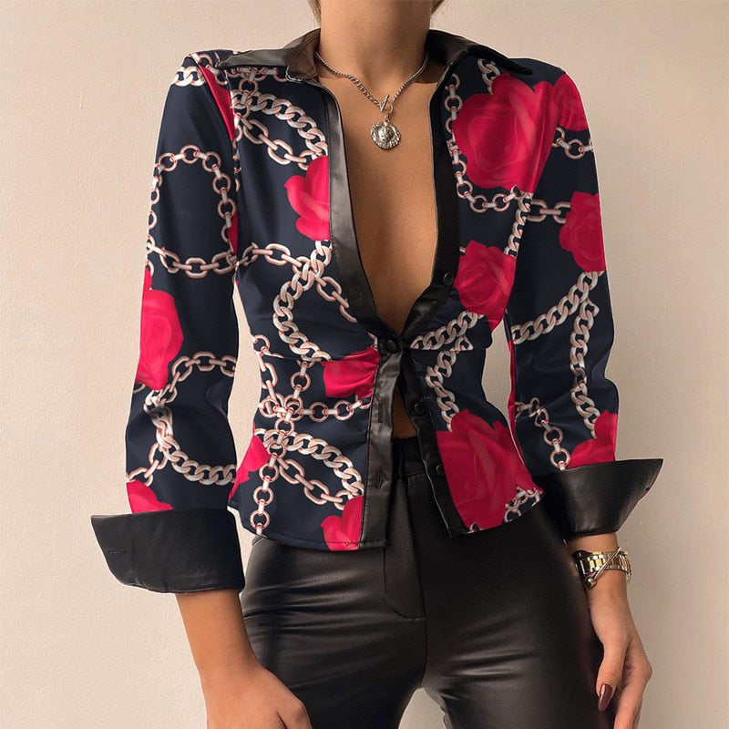 DANICA | Stijlvolle PU Leer Patchwork Print V-hals Blouse