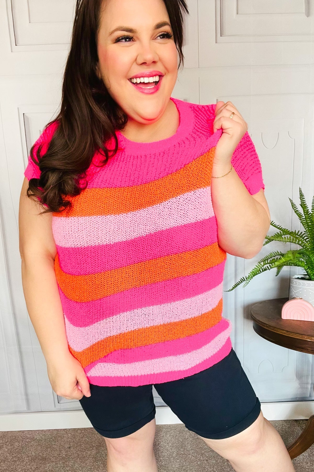 XANTHI | Fuchsia & Oranje Streep Korte Mouw Dolman Trui