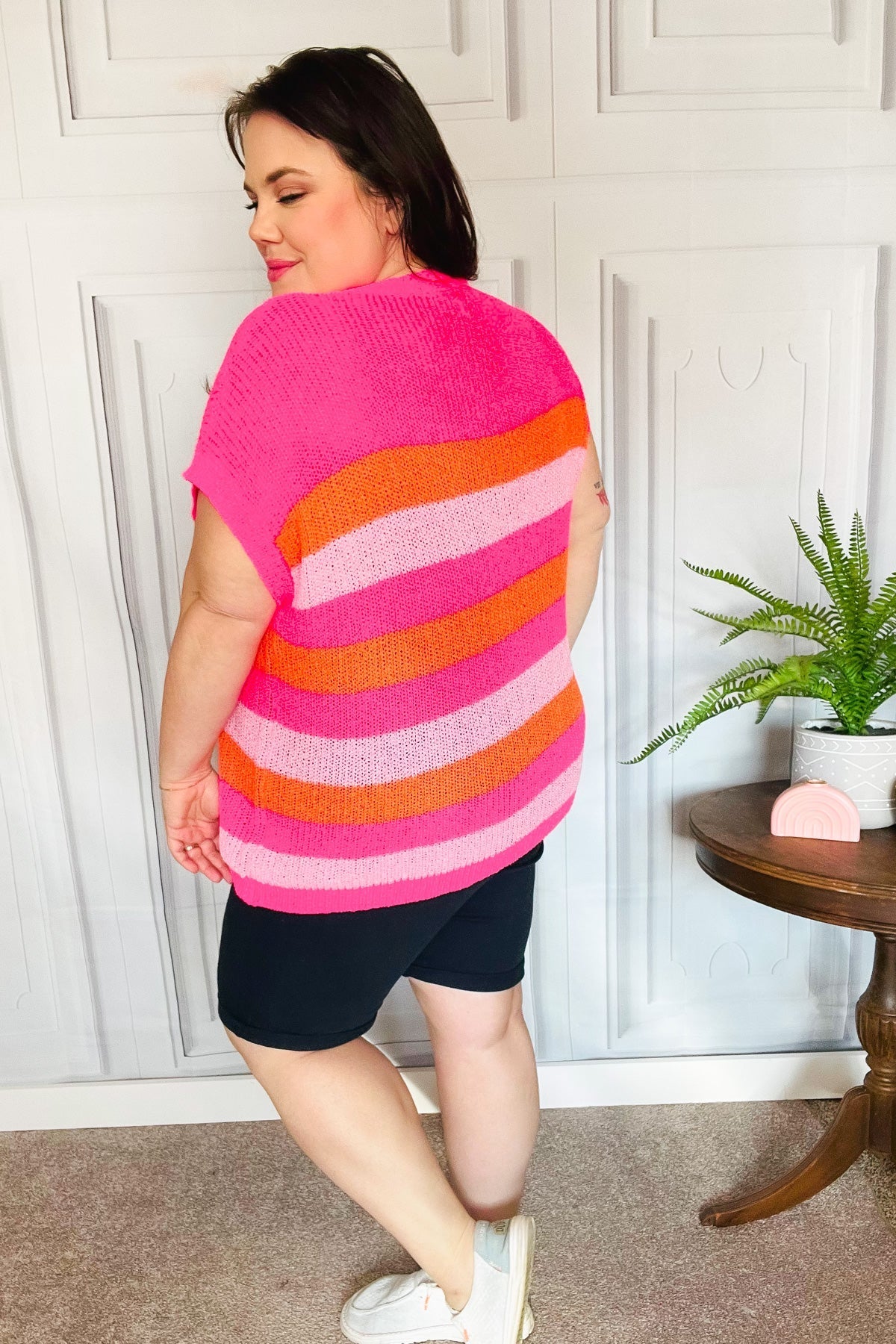 XANTHI | Fuchsia & Oranje Streep Korte Mouw Dolman Trui