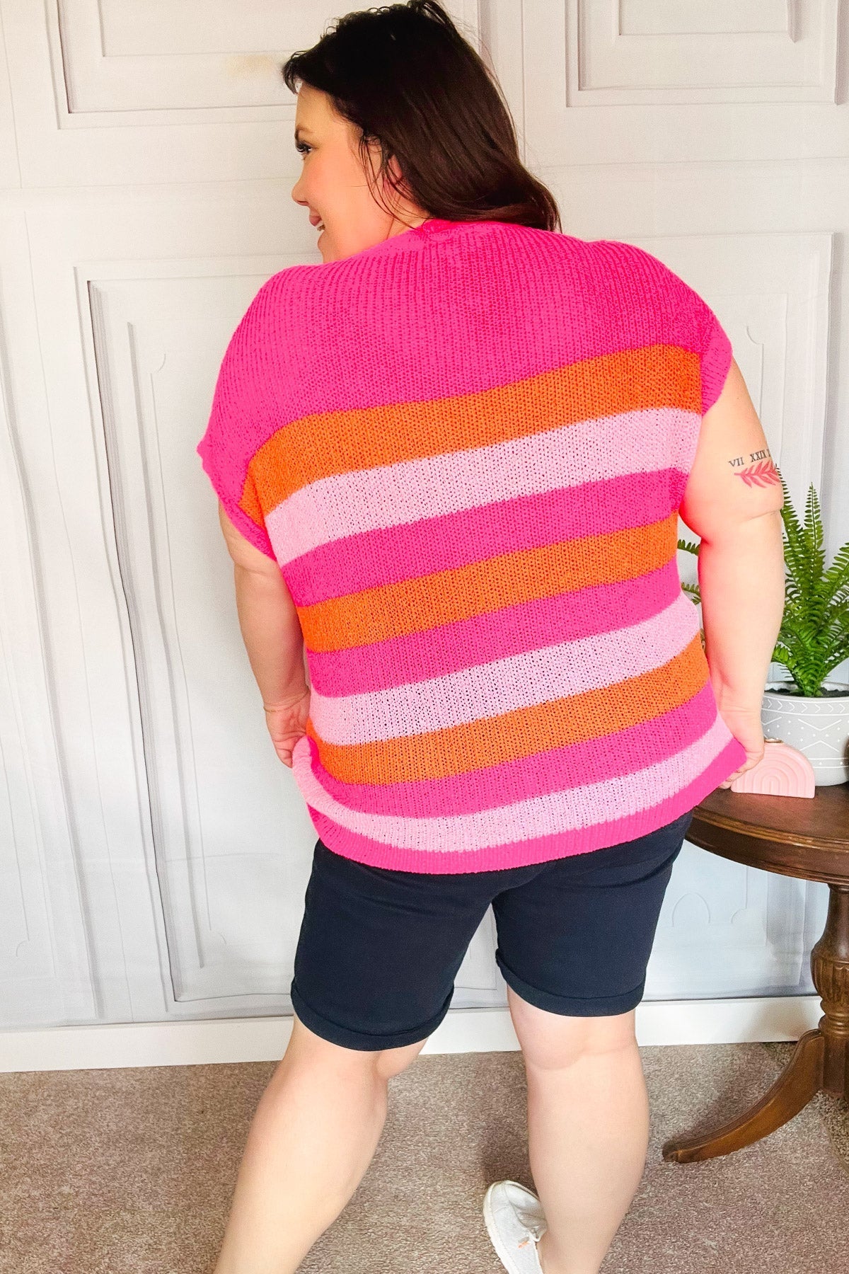 XANTHI | Fuchsia & Oranje Streep Korte Mouw Dolman Trui