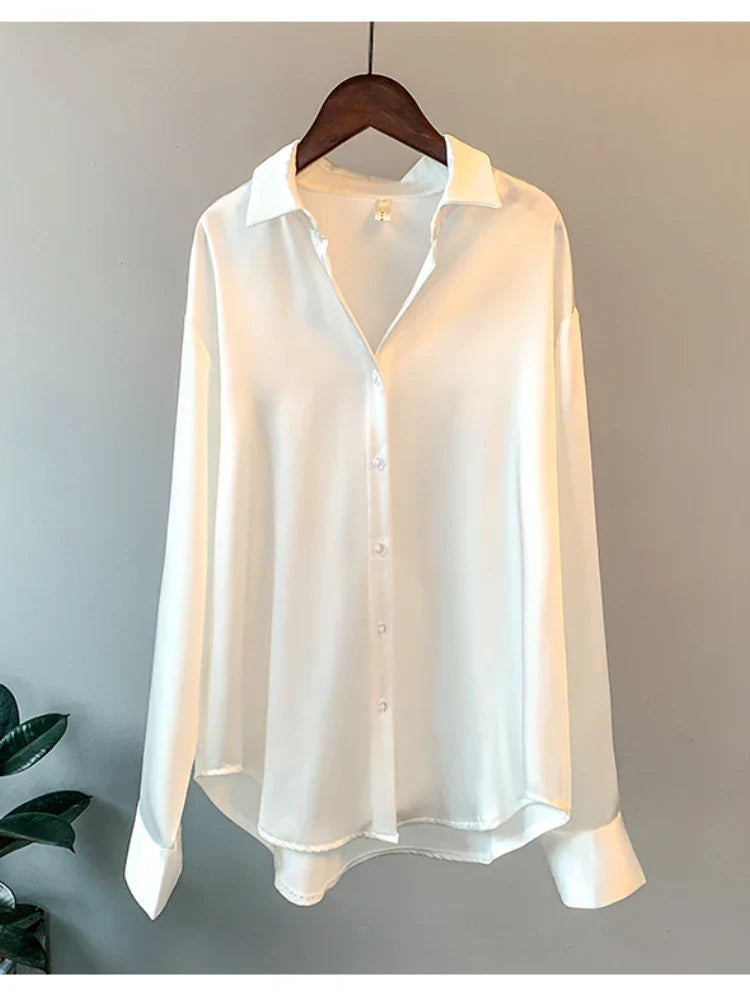 NOIMIE | Koreaanse satijnen blouse met lange mouwen en enkele borstsluiting