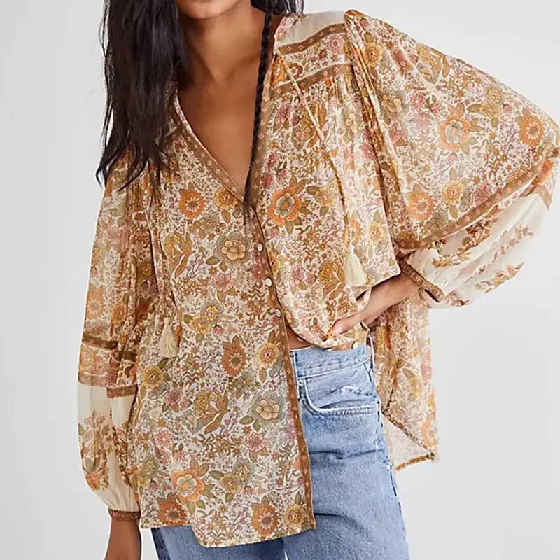 INAYA | Bohemian V-hals blouse met bloemenprint