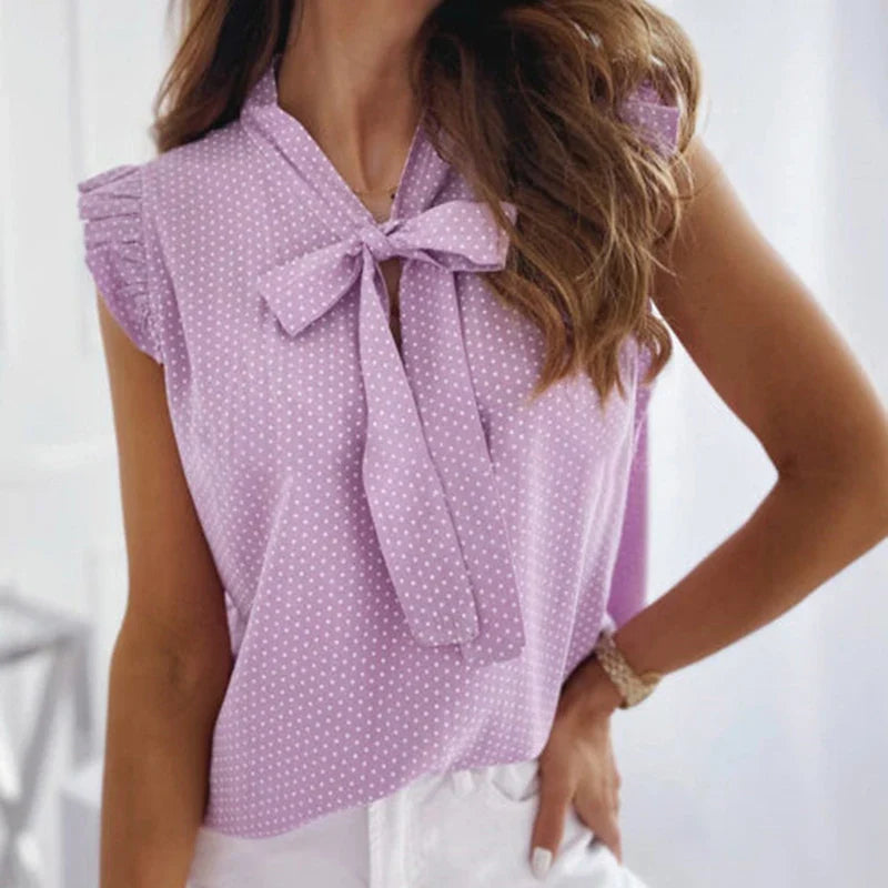 BEA | Zomerse mouwloze blouse Polka Dot, Ruches, Strik