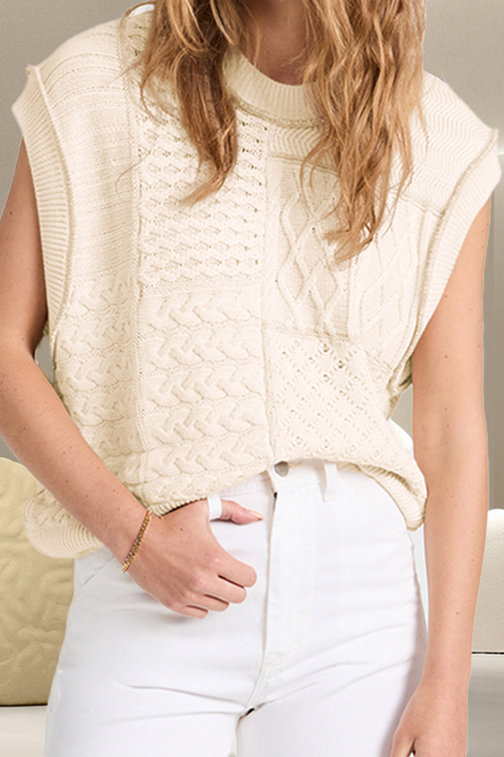 KERRY | Kabelgebreide Sweater Vest met Ronde Hals