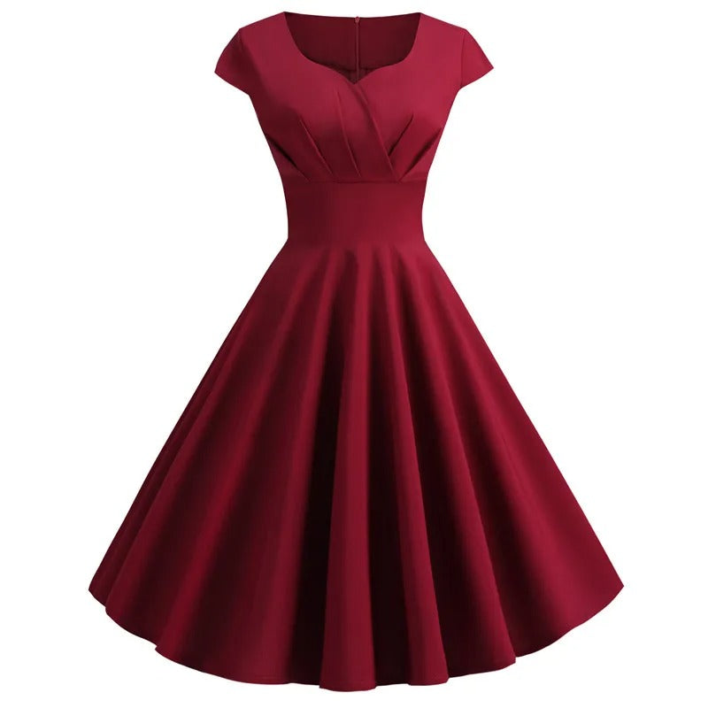 BURGUNDY | Elegante Vintage Swingjurk met V-hals: Flair met ruches